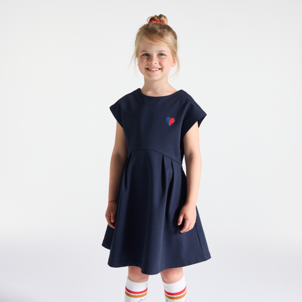 فستان بأكمام قصيرة أزرق داكن مطرز عليه قلب، للفتيات 